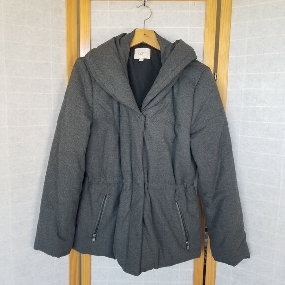 Gray Puffer Winter Coat Size Medium Short Flannel Zip and Snap Cinched Waist - Picture 2 of 12